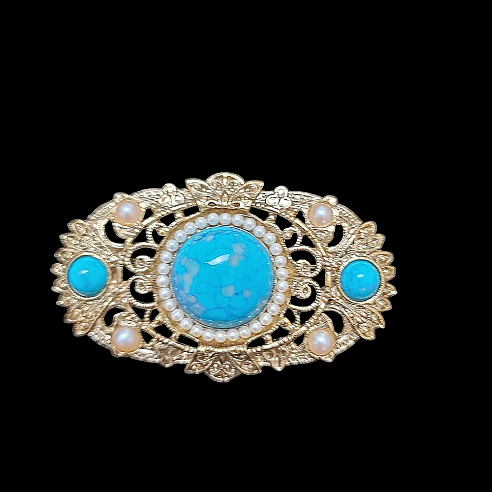 1928 Goldtone Brooch Pin with Faux Pearls & Turquois Cabochons 1.25" x 2.25"